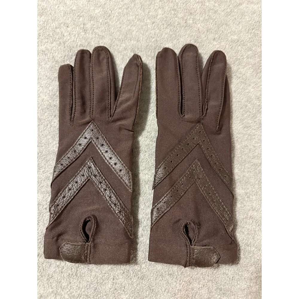 Vintage Isotoner by Aris Brown Gloves Elegant Driving Nylon Leather O/S Small